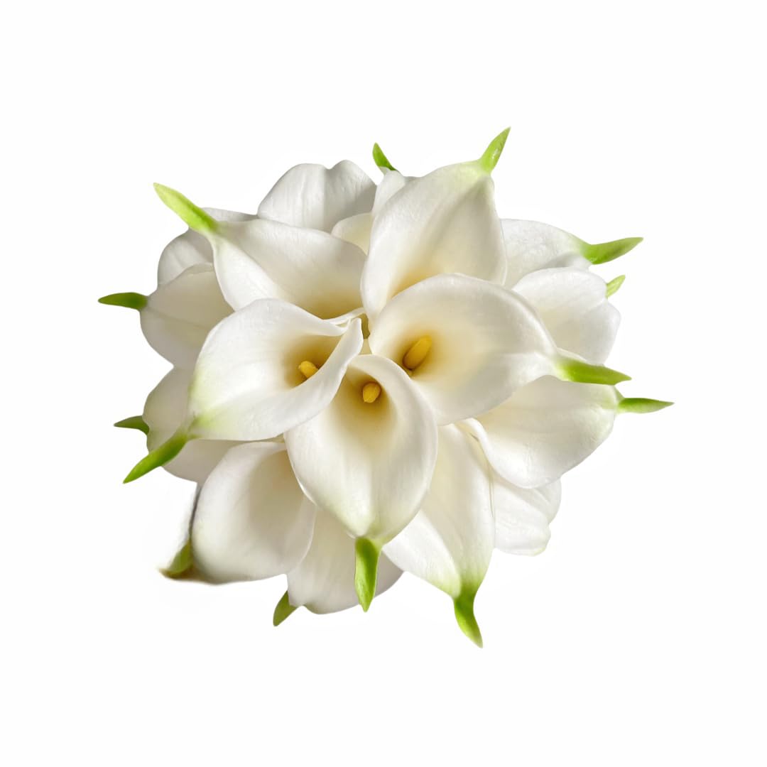 JiaDeDeng 18pcs Real Touch Artificial Calla Lily Flowers for Decoration Outdoor Wedding Bouquets Lifelike Faux Flowers for Home Garden Party and Event Decor (White&Green)